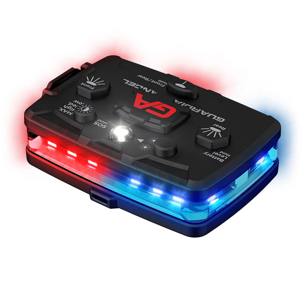 Guardian Angel Elite Red Blue police safety light mounted on patrol vest – waterproof and rechargeable visibility device
