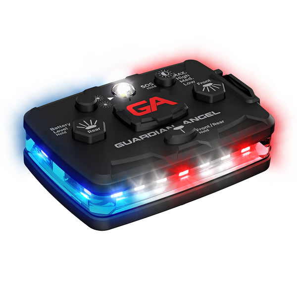 Guardian Angel Elite Red Blue police safety light mounted on patrol vest – waterproof and rechargeable visibility device