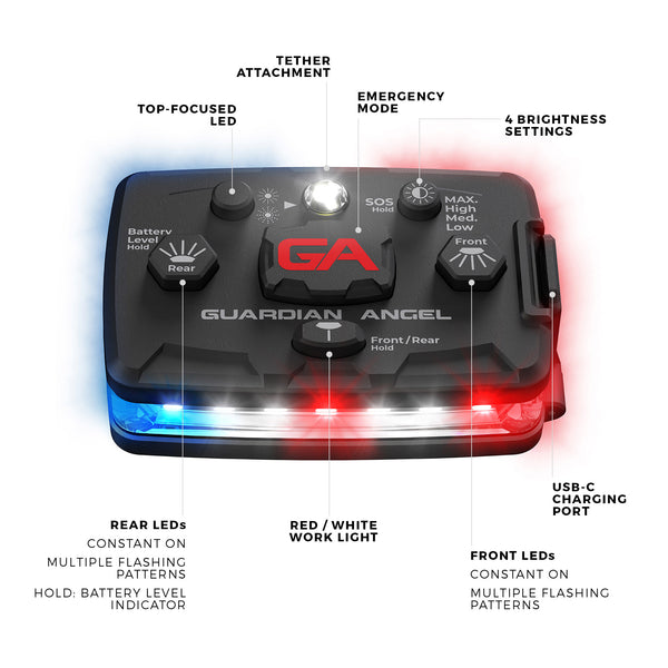 Guardian Angel Elite Red Blue police safety light mounted on patrol vest – waterproof and rechargeable visibility device