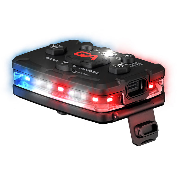 Guardian Angel Elite Red Blue police safety light mounted on patrol vest – waterproof and rechargeable visibility device