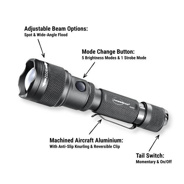 PowerTac FlexBeam GEN2 2000-lumen adjustable-beam flashlight