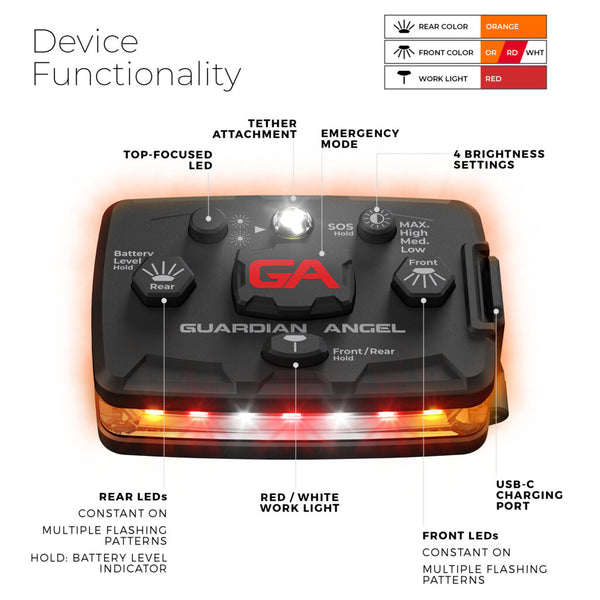 Guardian Angel Elite Orange/Orange amber wearable safety light controls and lighting functions