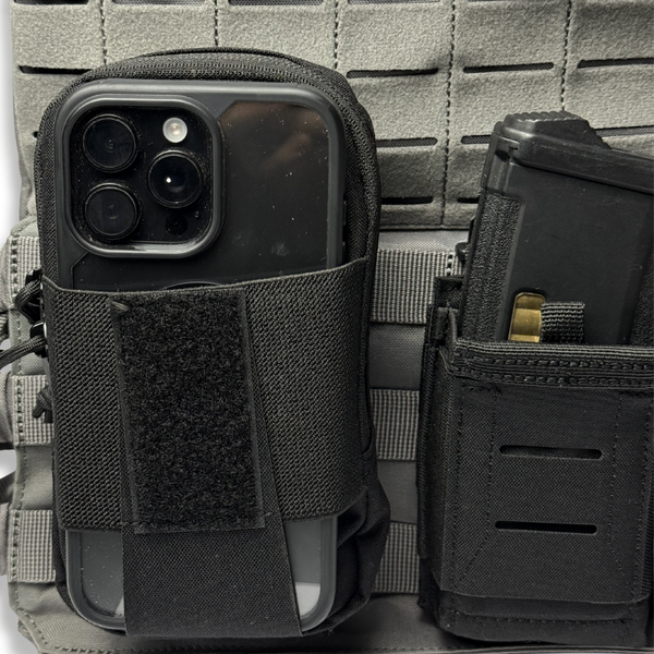 Kanga Systems Trace Phone Pouch with external smartphone retention system, Cordura® construction, rear storage compartment and MOLLE-compatible mounting.